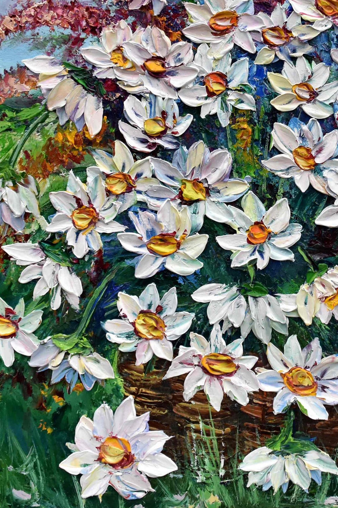 Meadow Flowers In A Basket Painting Painting Daisies Art White Daisy Art Flower Meadow Art Impasto Oil Painting White Flower Art Flower - Image 5