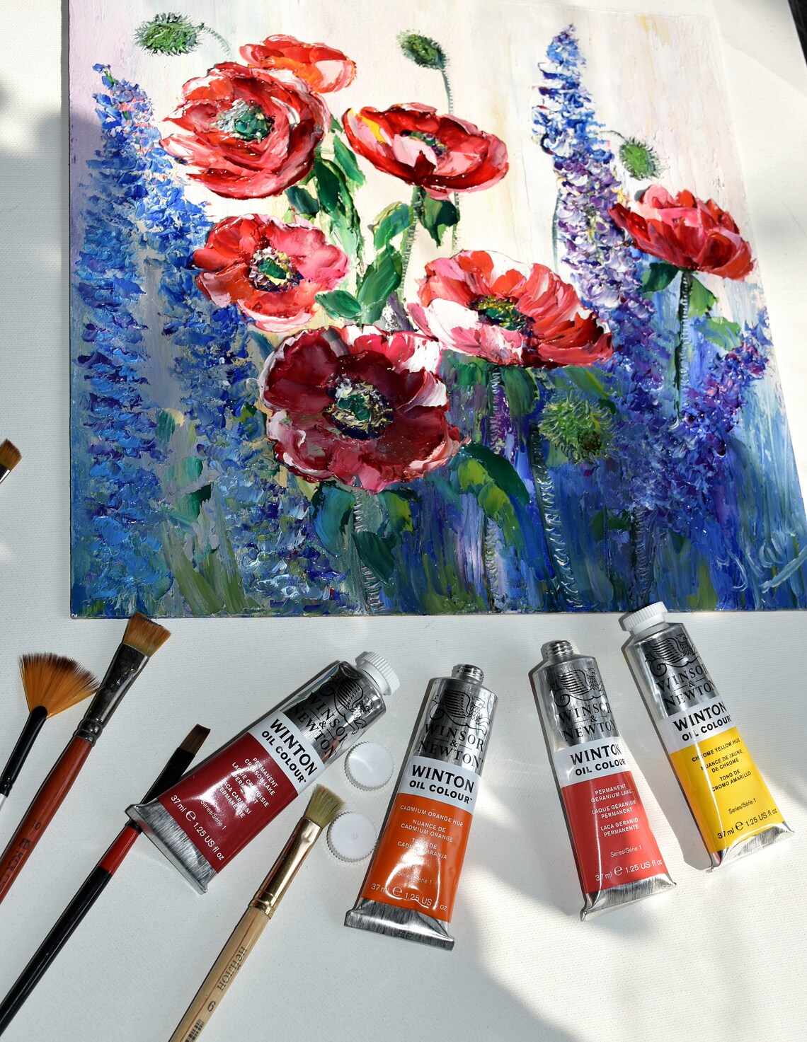 Red Poppies With Blue Delphinium Summer Meadow Oil Art Poster - Image 2