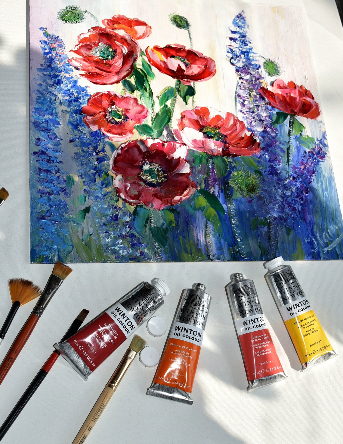 Red Poppy Painting Poppy Oil Painting Landscape Painting Purple Lupins Art Meadow Painting Poppies Impasto Flower Artwork Poppy Painting - Image 2