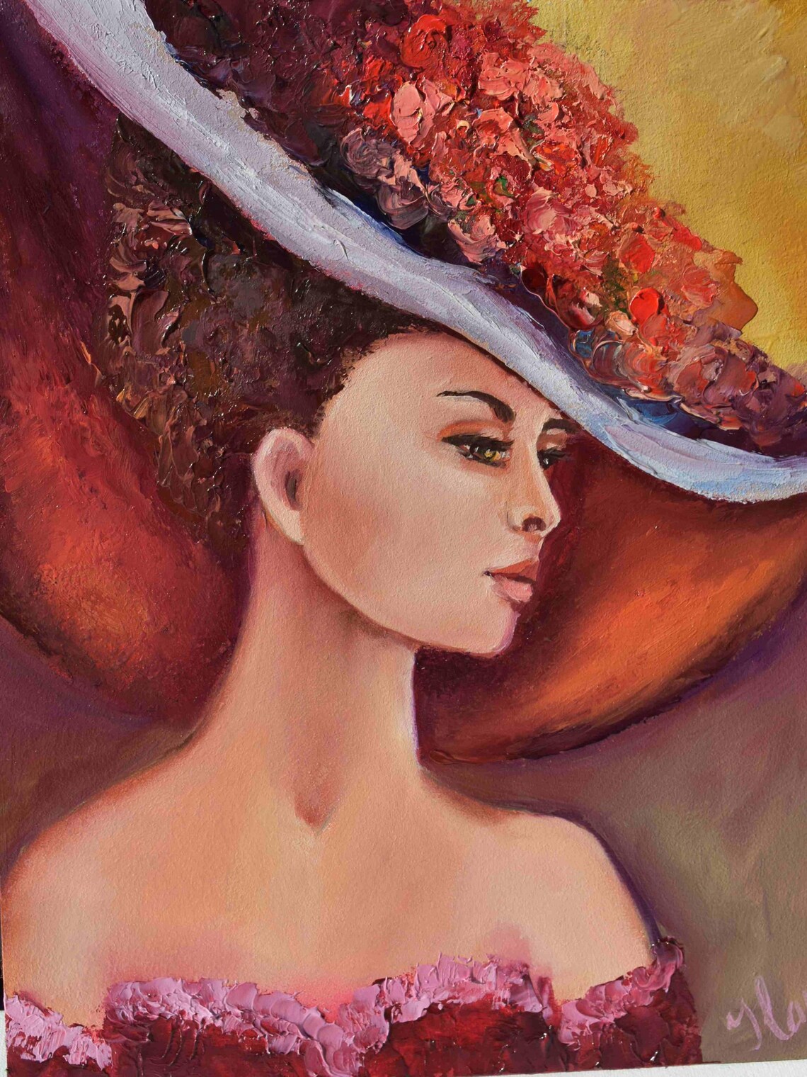 Elegant Woman in White Wide Brim Hat Red Dress Portrait Oil Painting Print - Image 5
