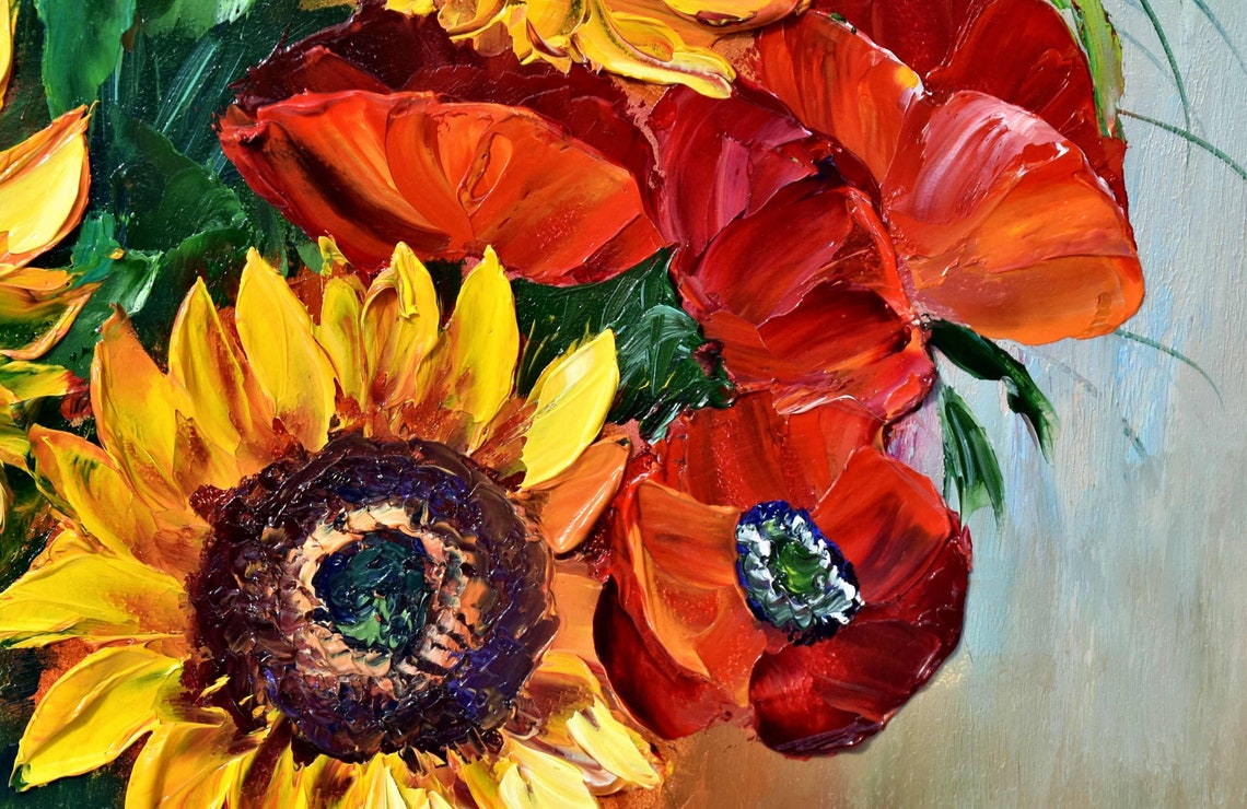 Sunflowers Painting Still Life Painting Sunflower Wall Art Poppies Painting Yellow Flower Art Red Poppies Art Poppy Painting Large Oil - Image 3