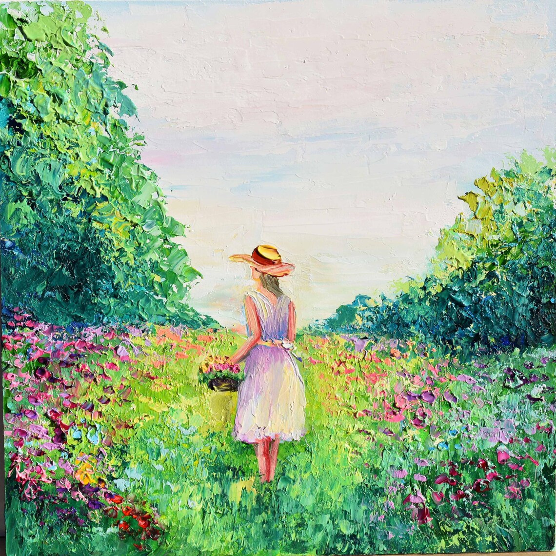 Girl In White Dress Walking Through Wildflower Meadow Art Poster