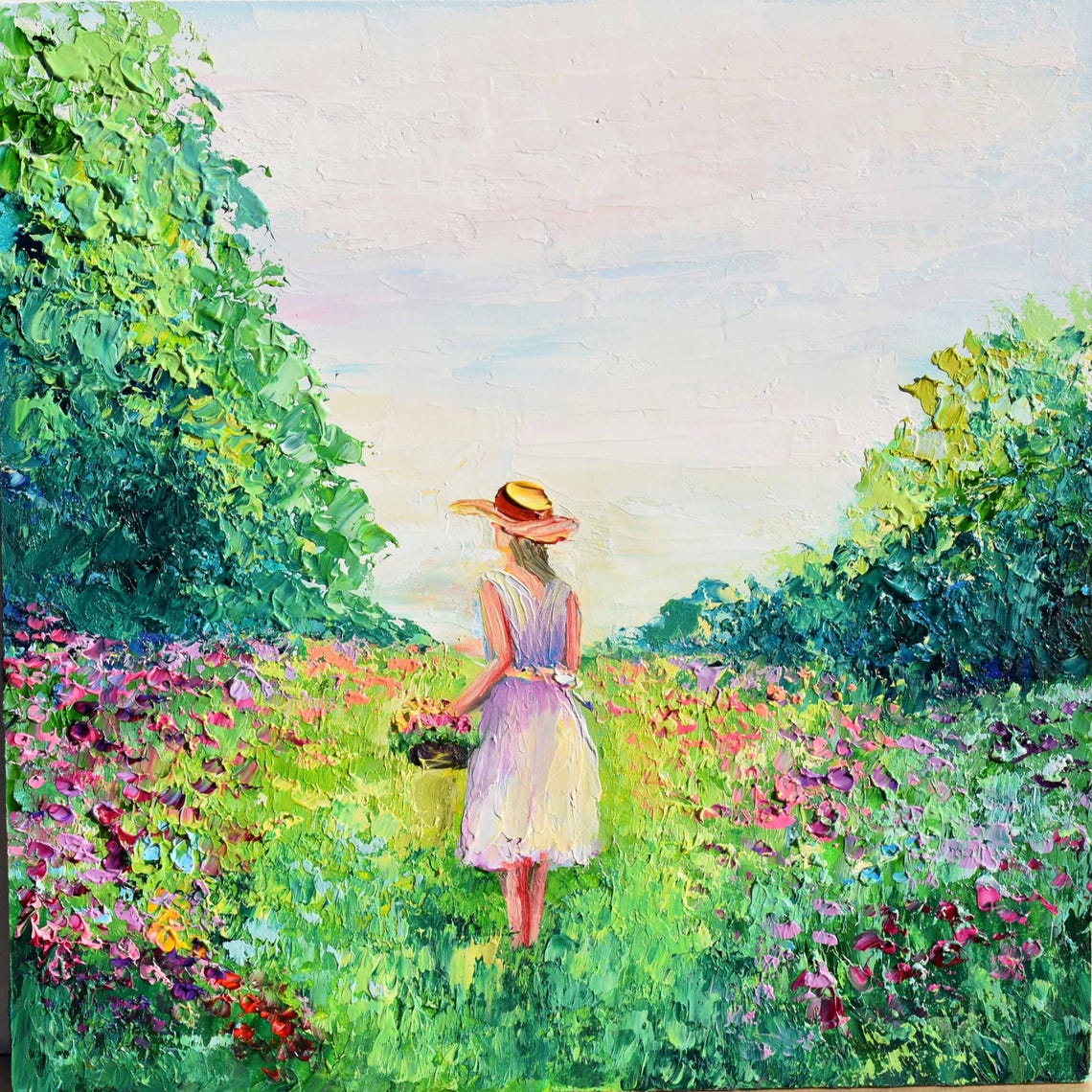 Landscape Girl Painting Meadow Landscape Art Landscape Nature Girl Basket Art Colorful Oil Art Wall Art Flower For Wildflowers Oil Art Palet