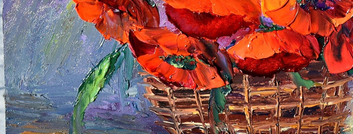 Red Poppy Painting Poppies Painting Poppy Wall Art Flower Artwork Basket Of Poppies Art Poppy Flowers Impasto Painting Red Floral Art Flower - Image 2