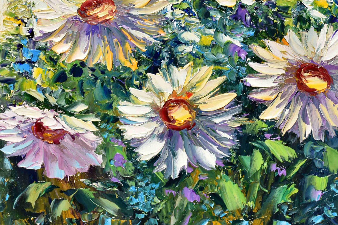 Honey Bee Art Floral Wall Art White Flower Art Bee Wall Art Meadow Landscape Art Impasto Oil Painting Summer Landscape Art Painting Flower - Image 2