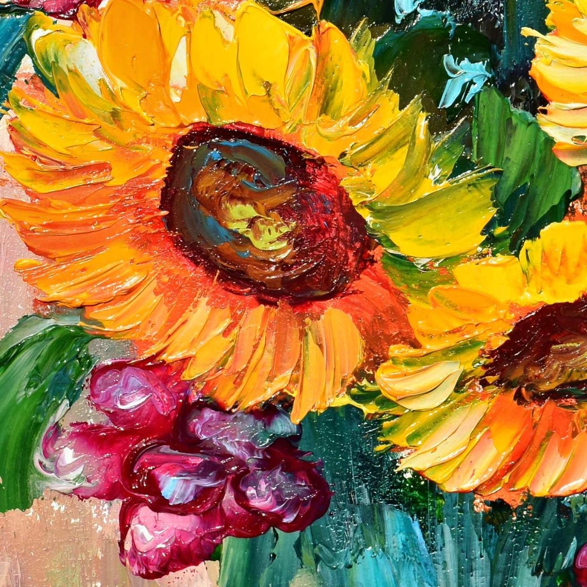 Sunflower Meadow Pink Berry Blossom Impasto Floral Oil Painting Poster - Image 2
