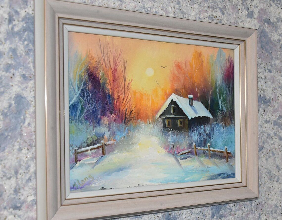 Winter Sunset Snowy Forest Cozy Cabin Golden Sky Oil Painting Poster - Image 3