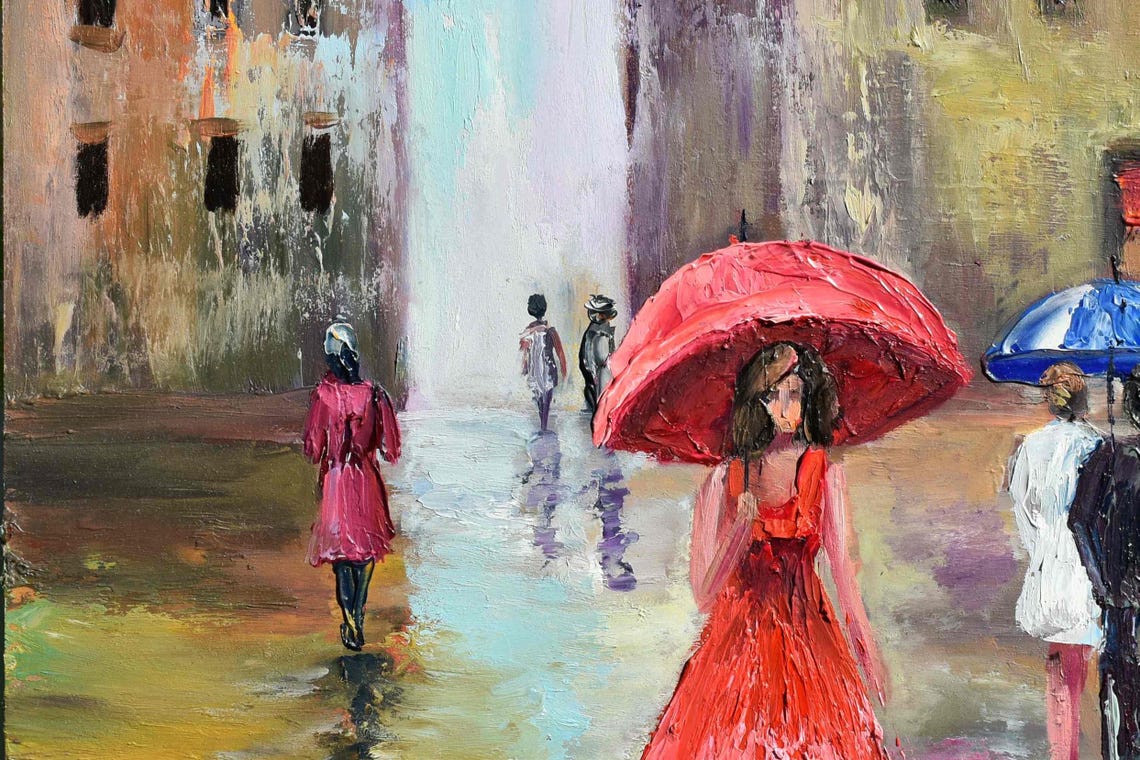 Girl With Umbrella People In The Rain Art Abstract Painting Art Rainy Day Street Painting Girl Painting City Square Art People In The Rain - Image 4