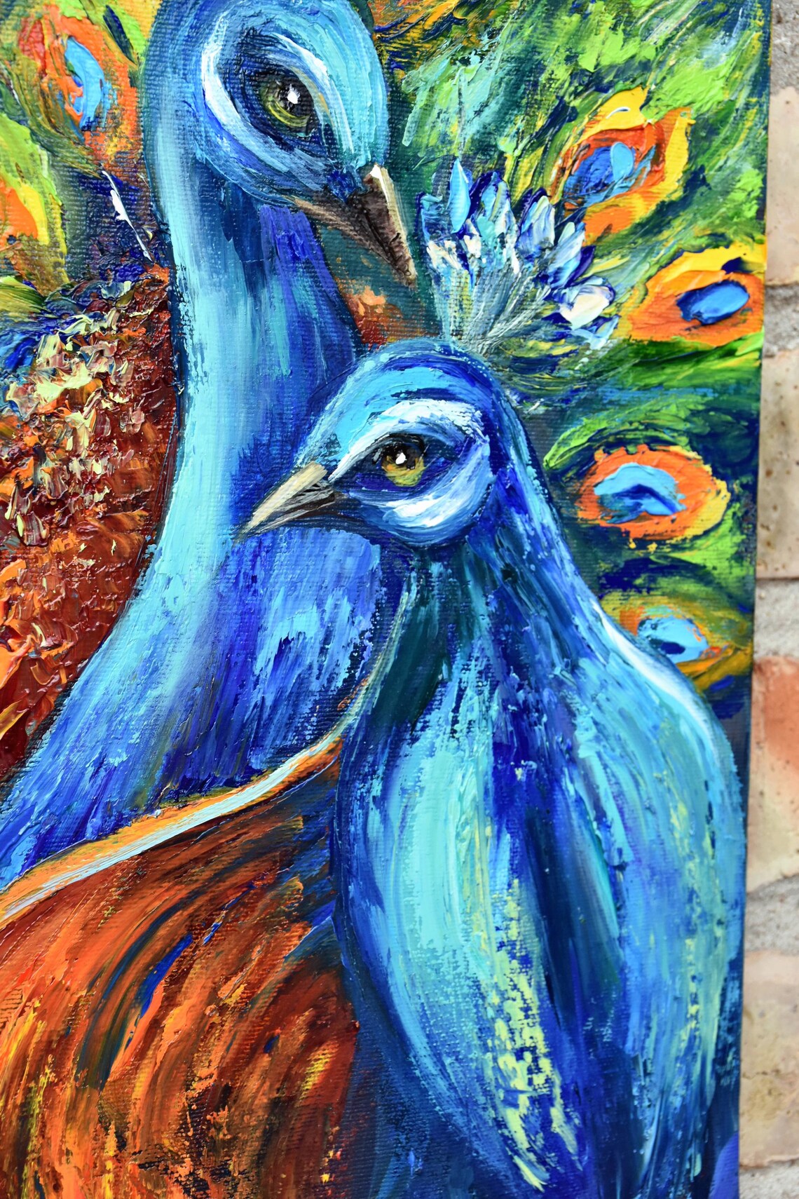 Vibrant Peacock Pair Feather Display Impasto Oil Painting Bird Poster - Image 2