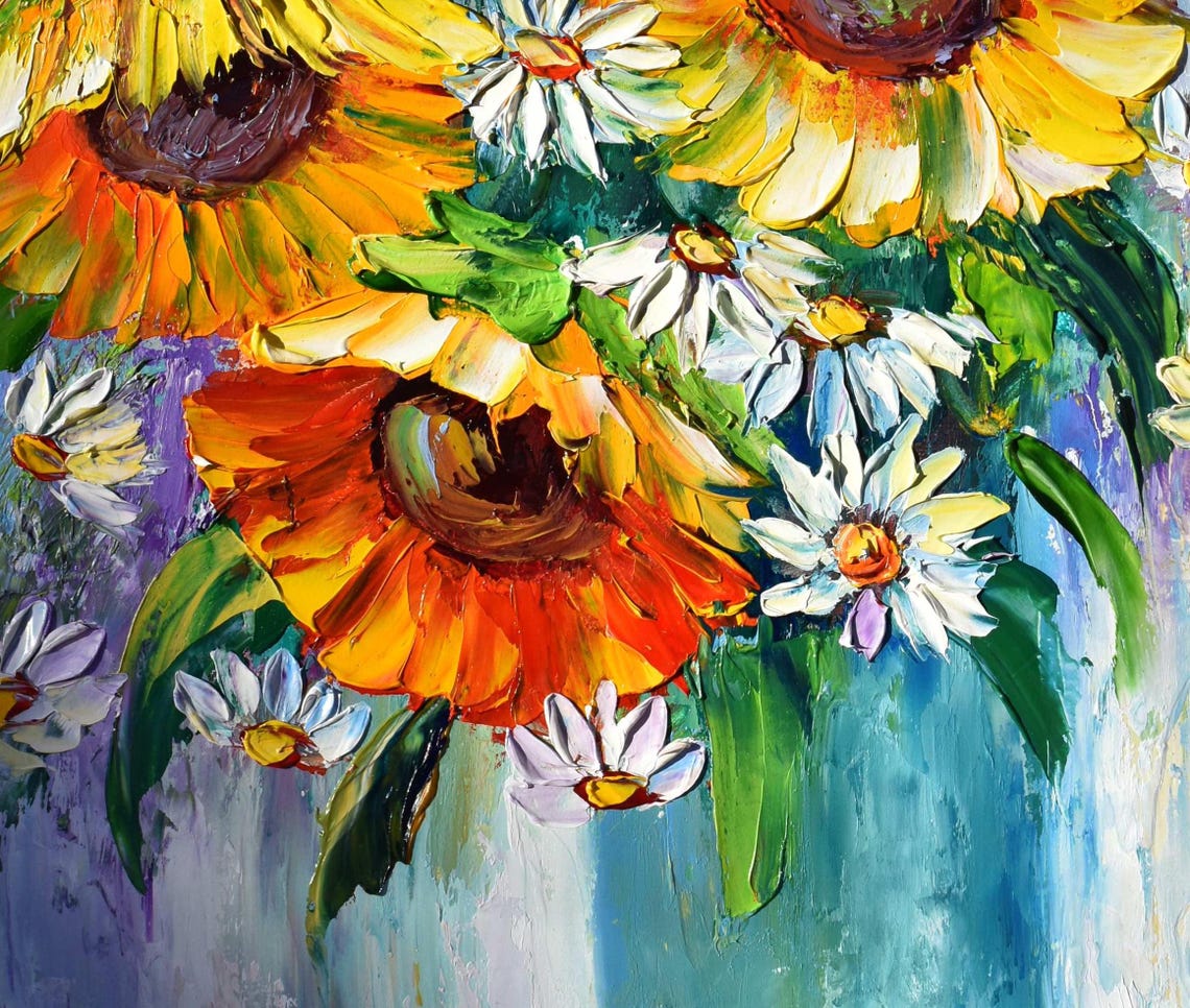 Sunflowers Oil Art Sunflowers Painting Daisies Painting Impasto Painting Floral Artwork Oil Art Yellow Flower Art Chamomile Still Life - Image 5