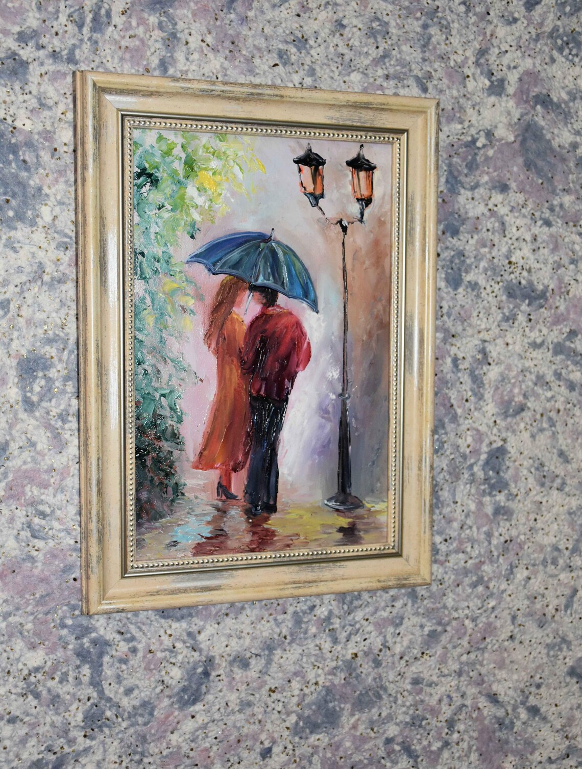 Romantic Couple Blue Umbrella Lamppost Rainy Evening Painting Poster - Image 3