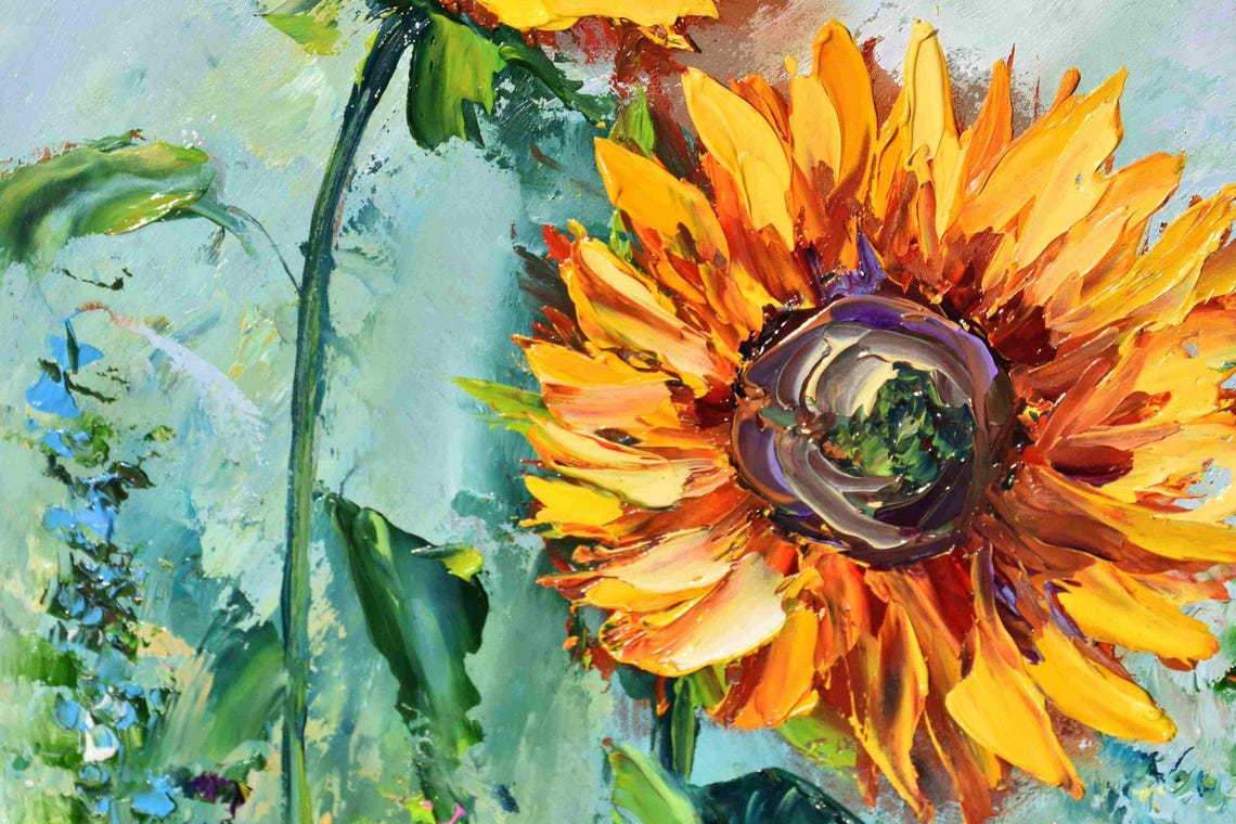 Sunflower Hand Painted Sunflower Wall Art Sunflowers Painting Sunflowers Art Orange Flower Art Landscape Painting Impasto Oil Painting - Image 5