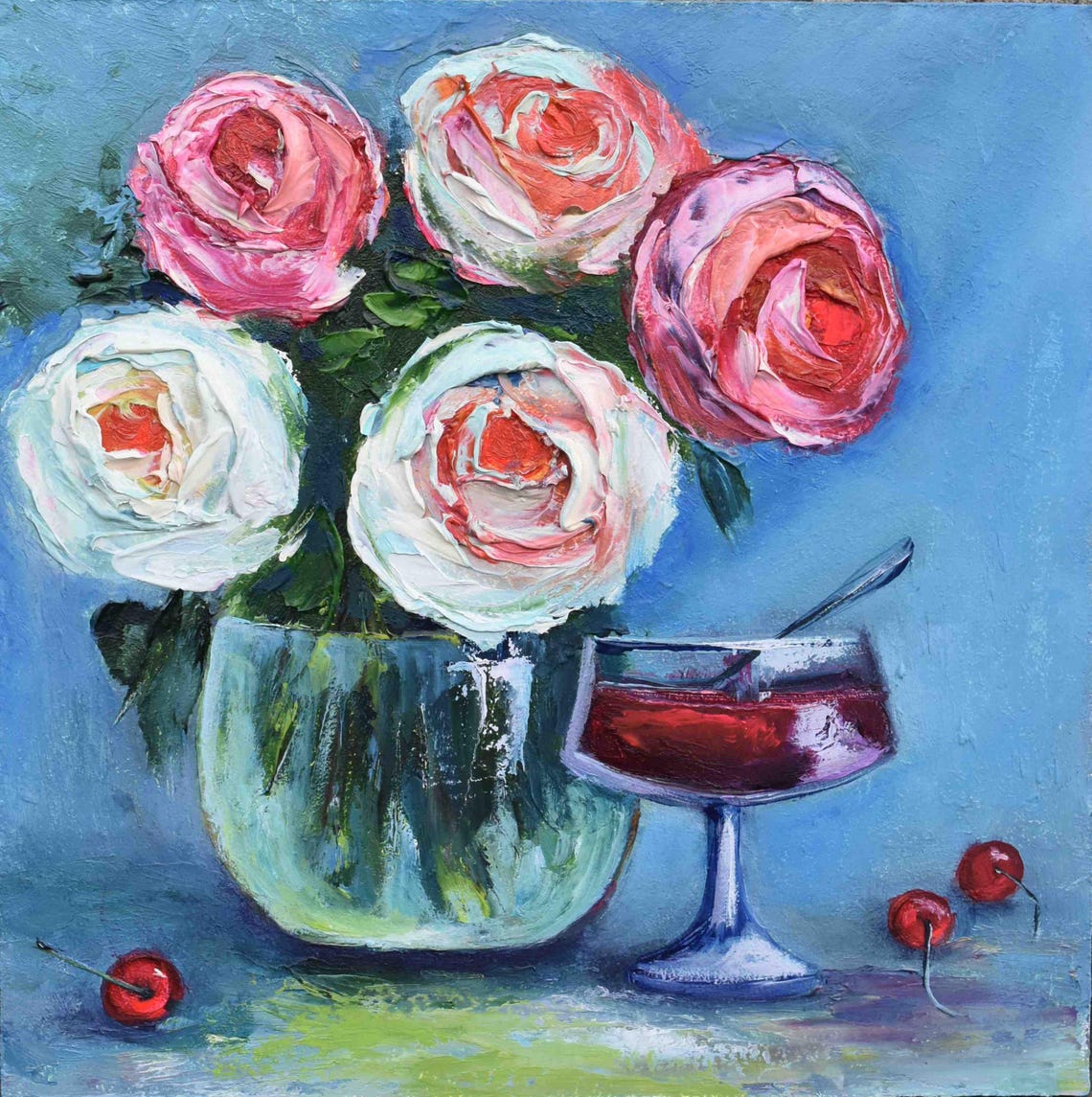 Rose Bouquet Still Life Painting Original Rose Painting Oil Roses Flowers Art Pink Flower Original Pink Flower Original Flower Artwork Roses