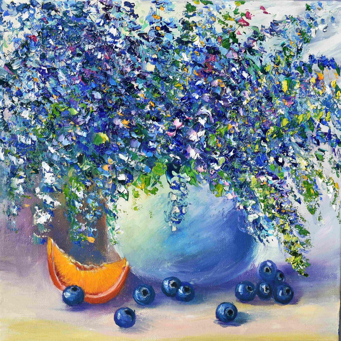 Blue Flower Painting Blueberry Art Food Kitchen Art Impasto Painting Purple Flowers Art Oil Art Textured Wall Art Blue Floral Artwork Origin