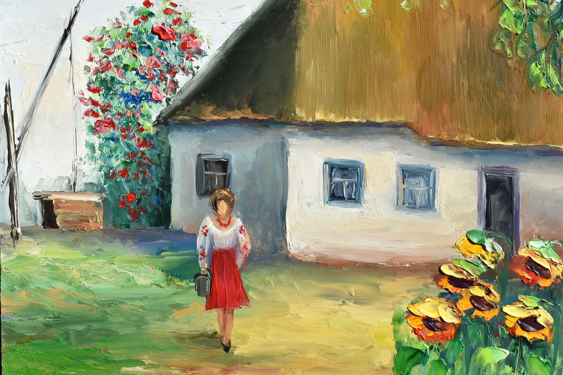 Rural House Art Ukraine Art Summer Landscape Art Landscape Painting Ukrainian Girl Art Yellow Flowers Art Well Landscape Art Palette Knife - Image 5