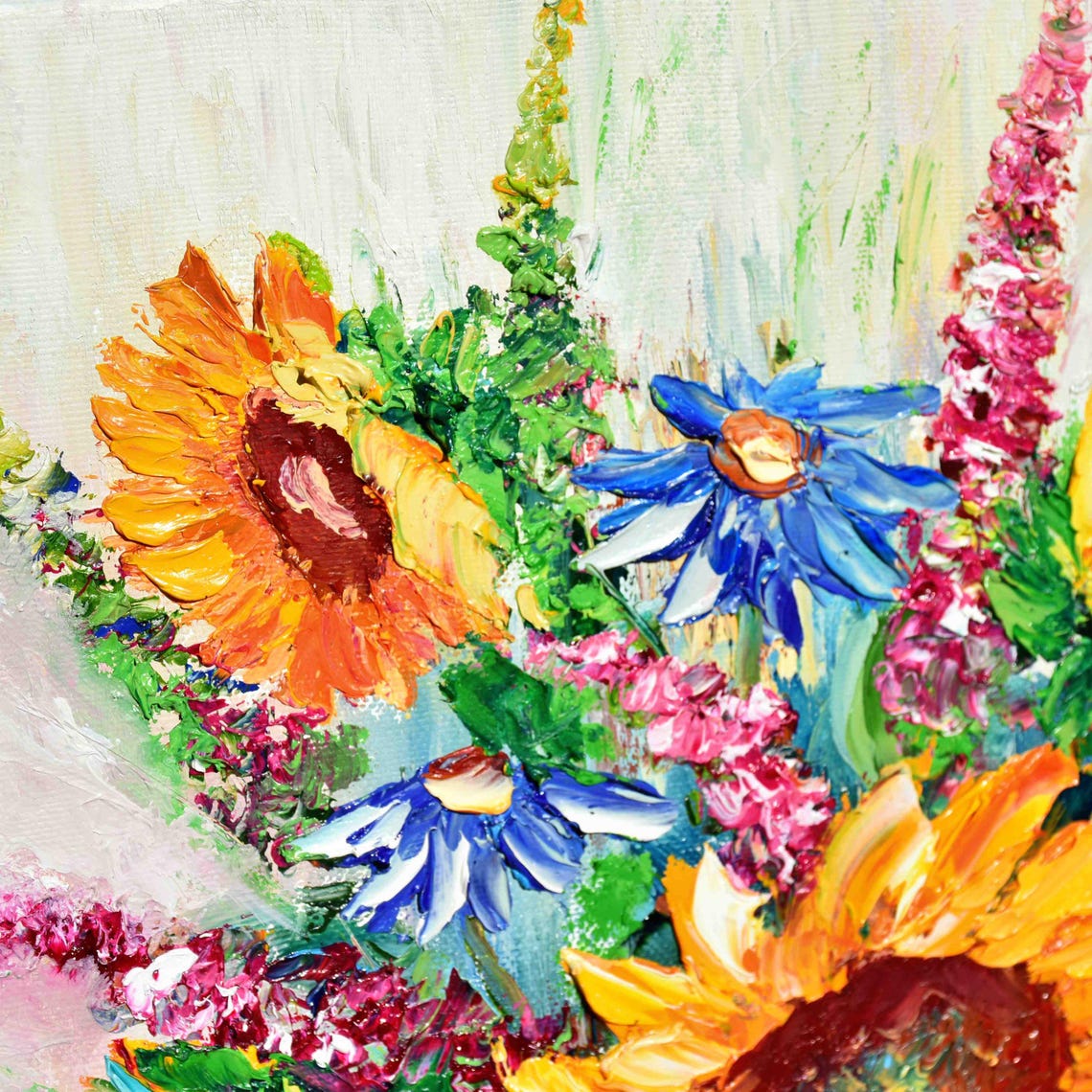 Art Bouquet Of Wild Flowers Sunflowers Oil Art Landscape Painting Blue Wildflowers Art Meadow Painting Sunflower Interior Flower Artwork - Image 3