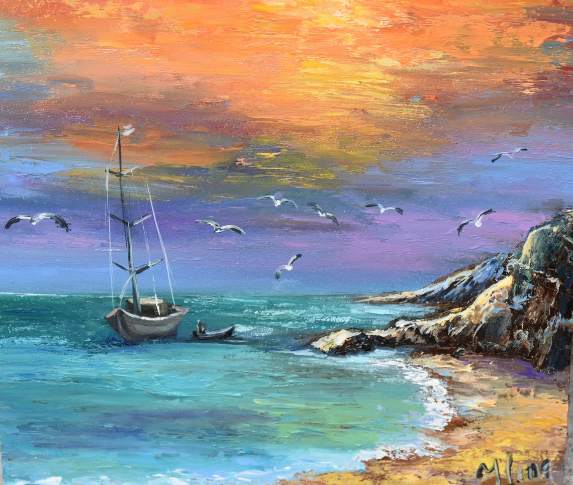 Mediterranean Art Painting Sea Sailboat Artwork Ocean Paintings Seascape Artwork Coast Oil Painting Landscape Wall Art Painting Sea Colorful - Image 4