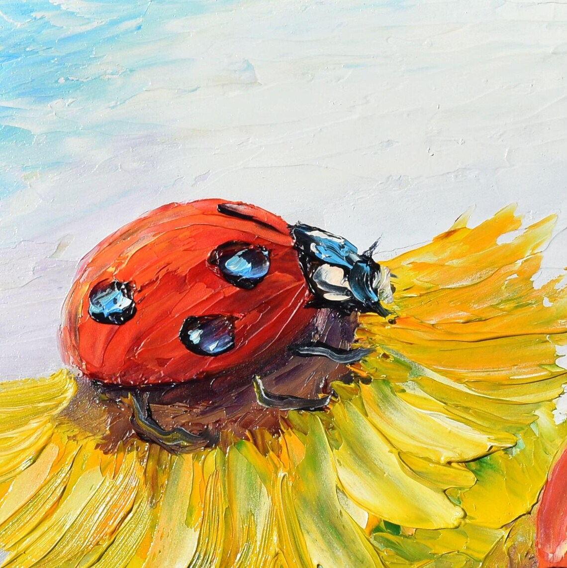 Ladybugs Painting Small Wall Art 8 X 8 Ladybug Art Sunflowers Painting Couple In Love Art Landscape Painting Meadow Wall Art Meadow Wall Art - Image 3