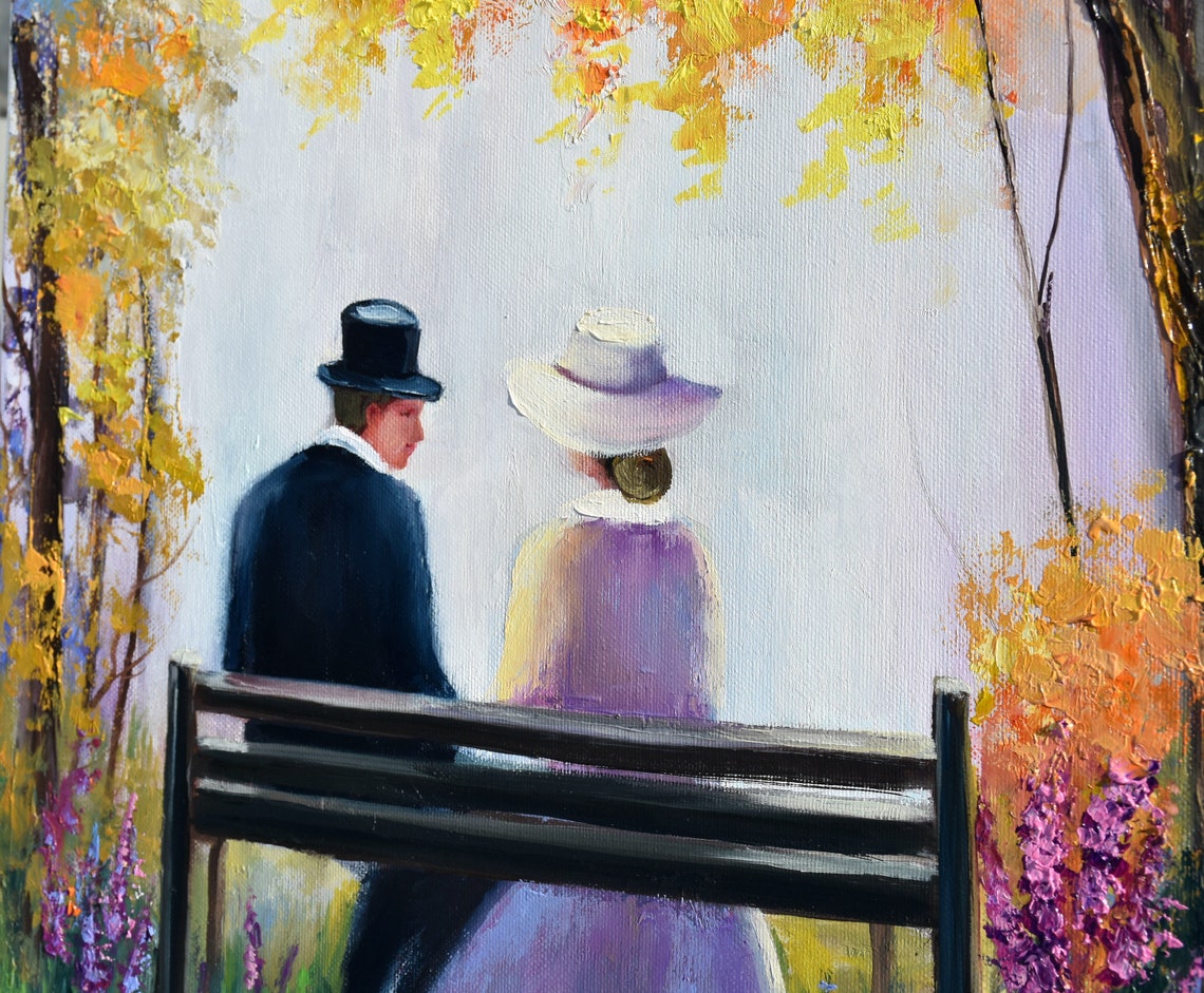 People In Love Art Autumn Painting People Landscape Art Orange Oil Painting Original Landscape Oil Park Painting Impasto Painting Landscape - Image 5