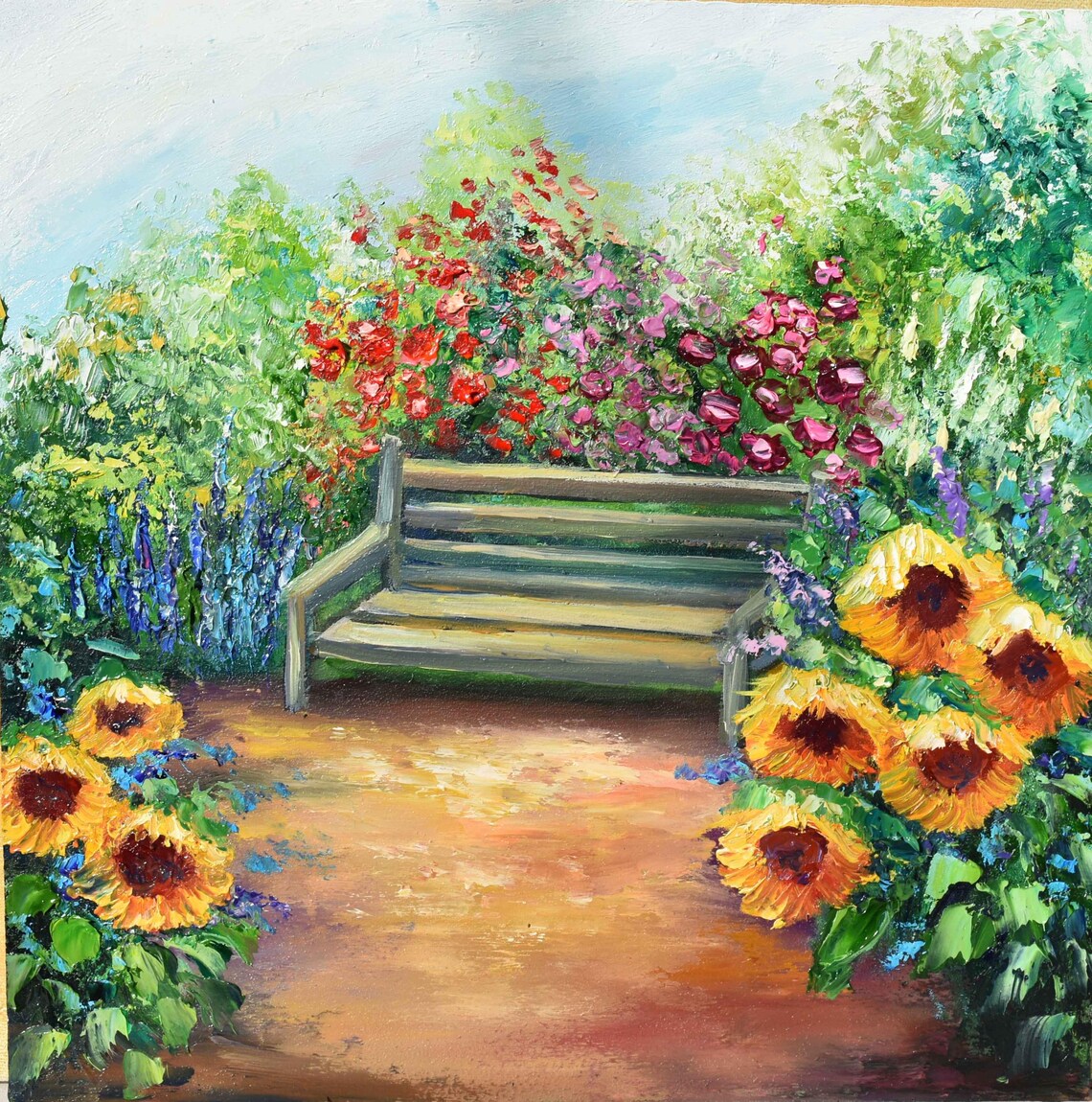 Sunflower Ladybug Garden Fence Meadow Detail Impasto Painting Poster