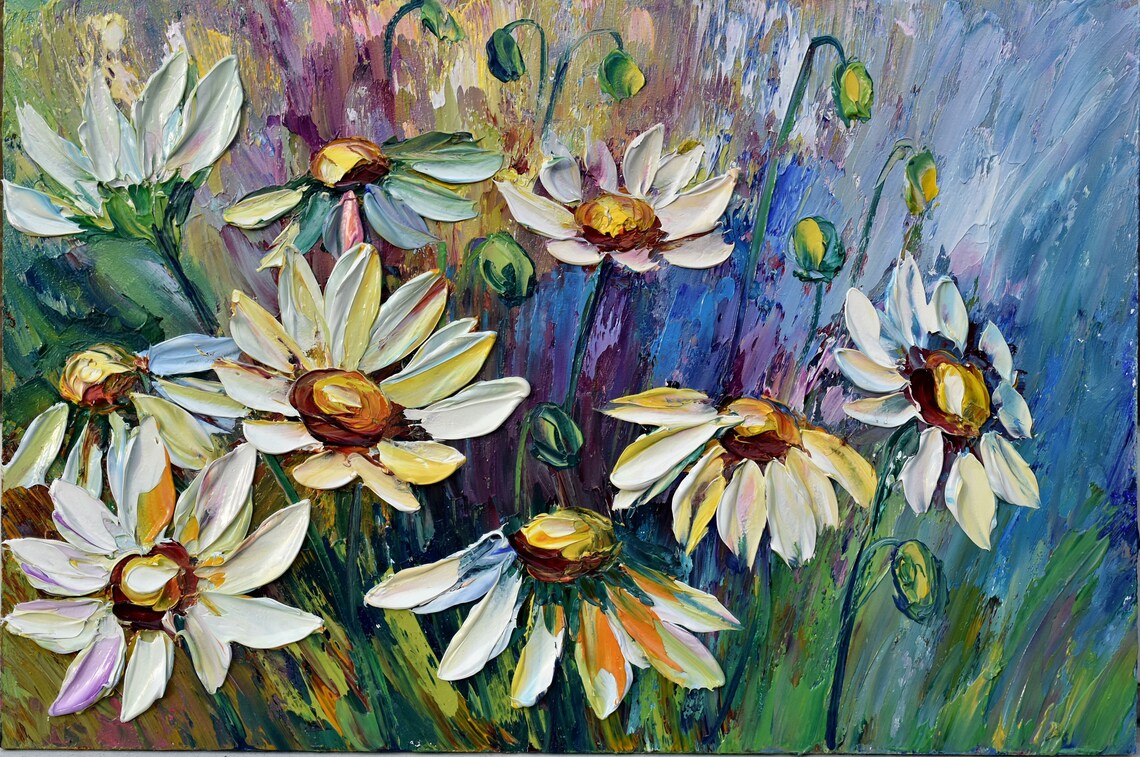 White Daisies Painting Art In The Chamomile Meadow 3d Oil Painting Daisy Painting Chamomile Flowers Wild Flower Art Floral Original Impasto - Image 2