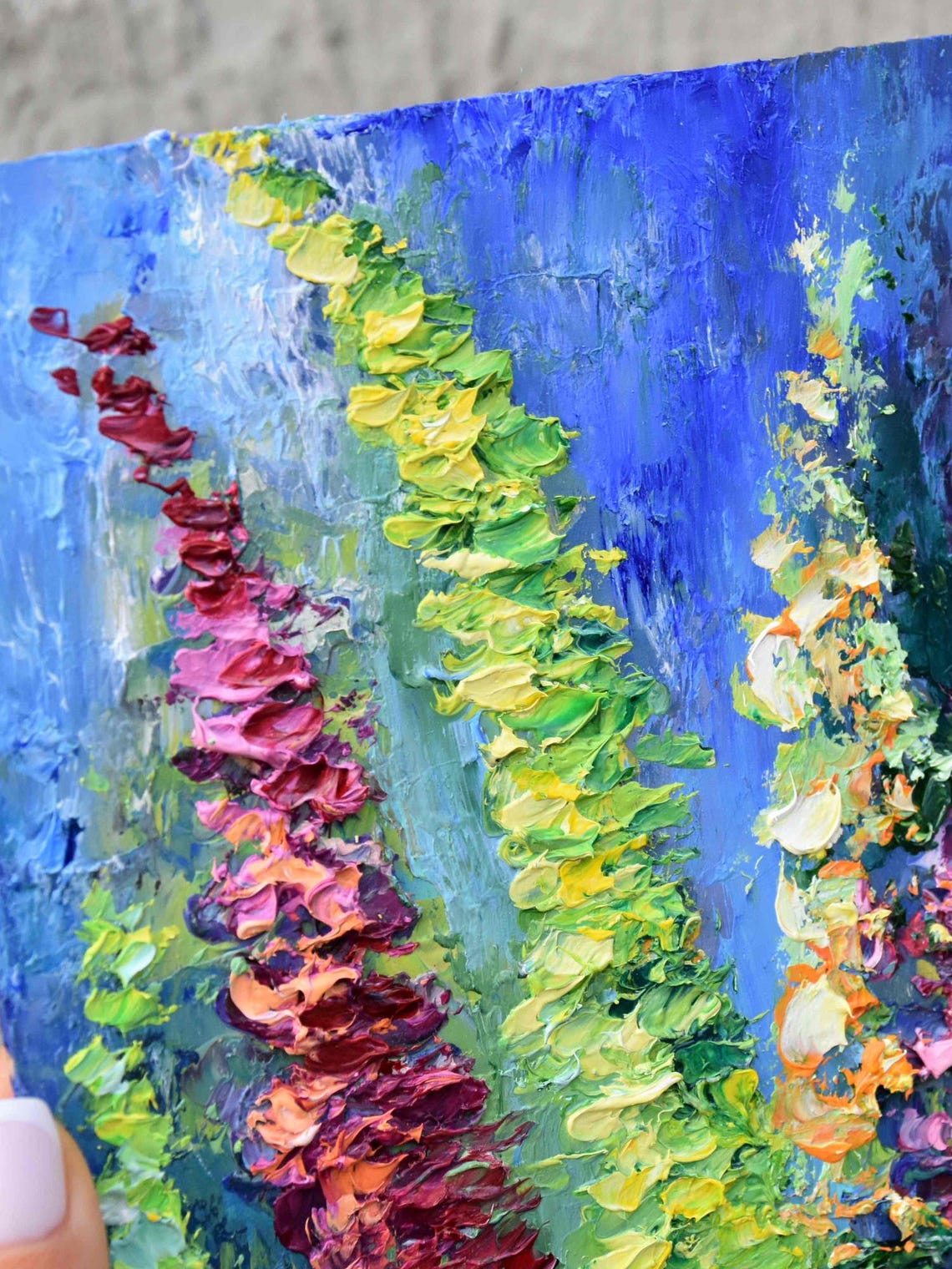 Blue Flowers Wildflowers Oil Art Purple Lupine Art Painting Impasto Painting Floral Artwork Miniature Painting Textured Wall Art Painting - Image 3