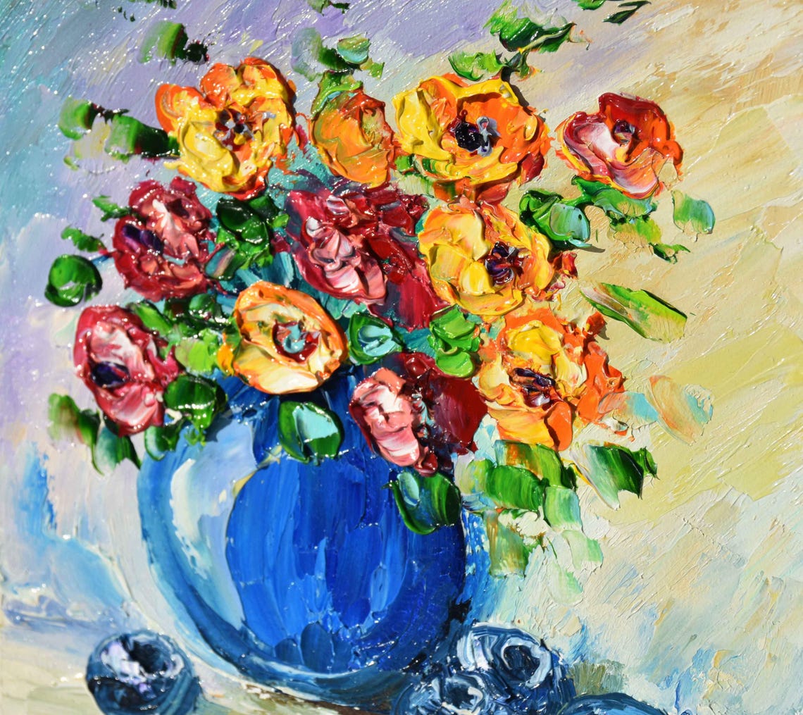Bouquet Of Flowers In A Vase Art Blueberry Art Oil Painting Flowers Blue Flowers Flower Meadow Art Impasto Oil Painting Still Life Painting - Image 3