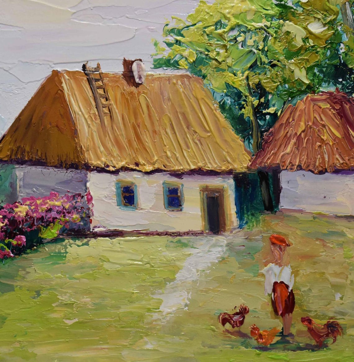Ukrainian Landscape Ukrainian Flowers Ukrainian House Art Folk Art Painting Ukraine Art Impasto Painting Original Oil Art Ukrainian Art - Image 3
