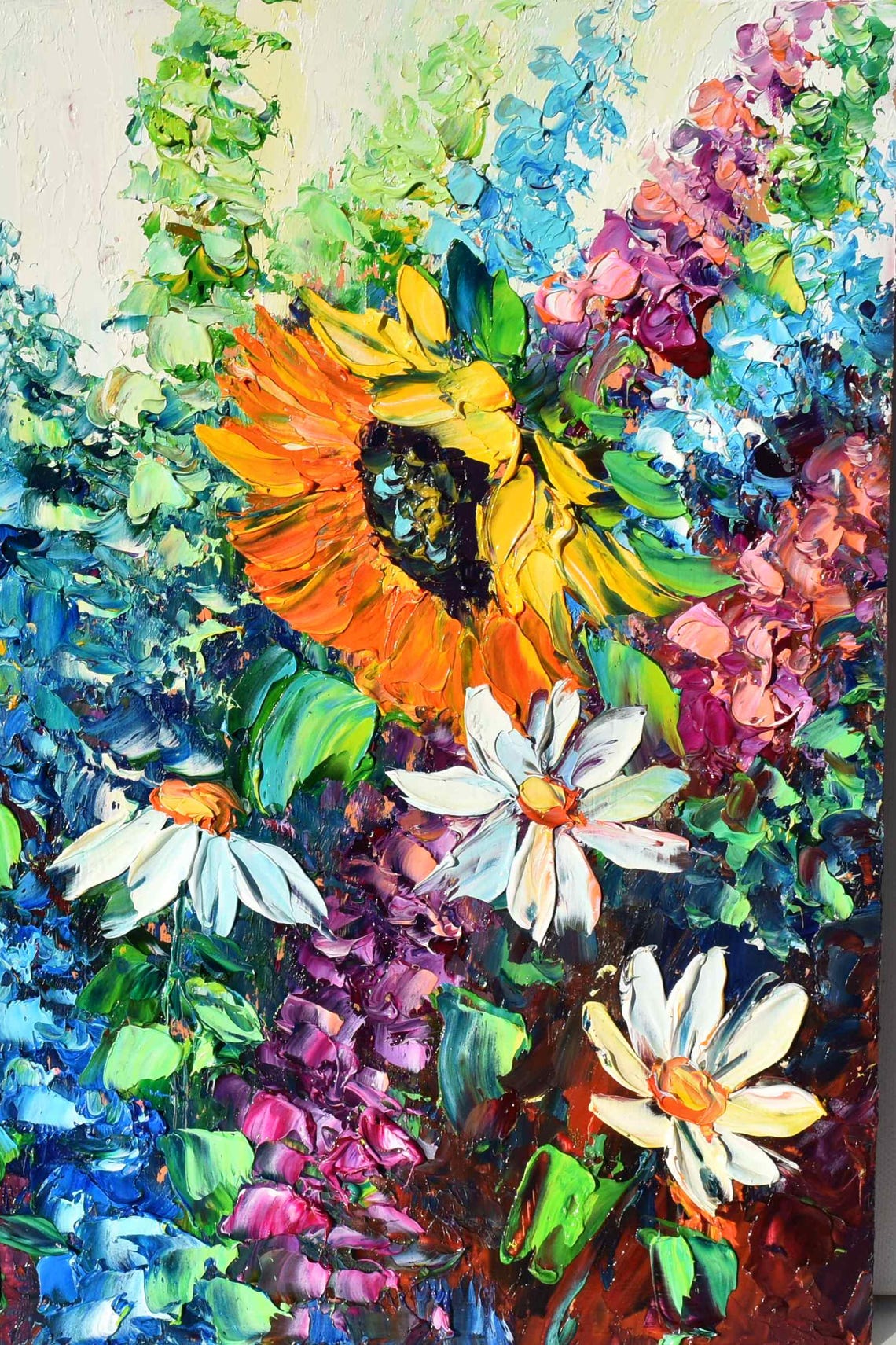 Sunflower Painting Landscape Painting Blue Flowers Art Sunflower Art Purple Wildflowers Art Meadow Flowers Art Flower Oil Painting Textured - Image 5