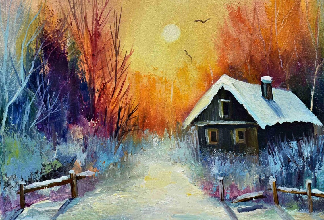 Winter Sunset Snowy Forest Cozy Cabin Golden Sky Oil Painting Poster - Image 2