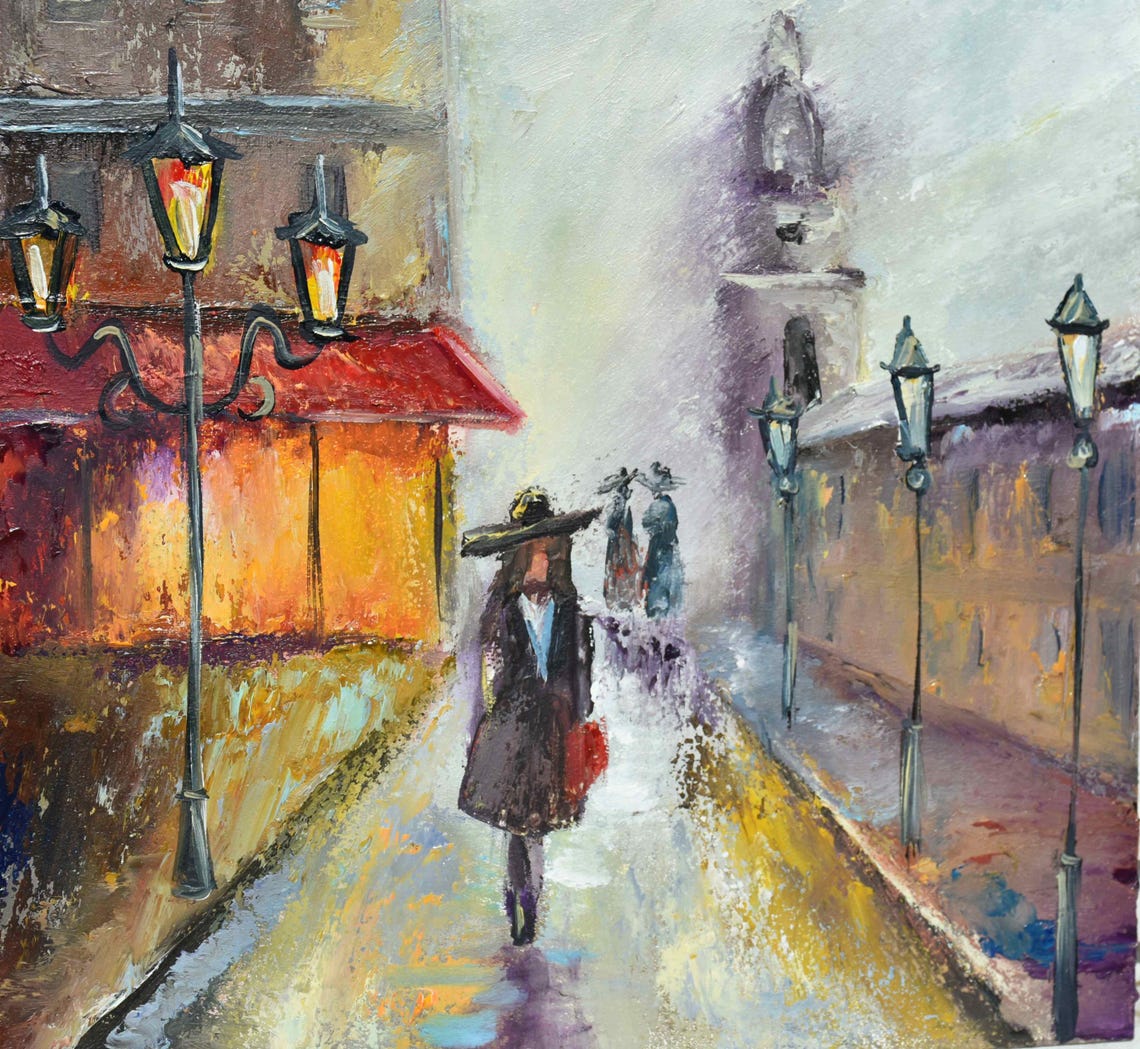 Girl In Hat Art City Landscape Art Painting In Frame Street Painting Cityscape Art Framed Art Architecture Art City Art City Scape Art
