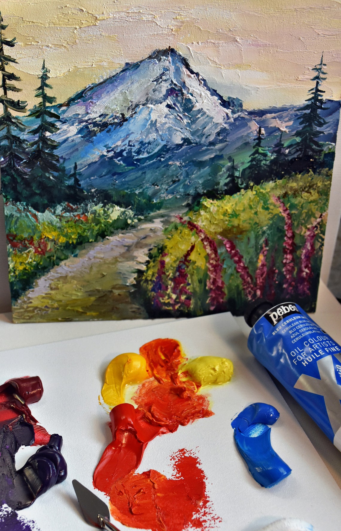 Abstract Mountains Palette Knife Art Wildflowers Oil Art Mountain Landscape Miniature Art Oil Art Modern Impasto Wall Art Painting Meadow - Image 3