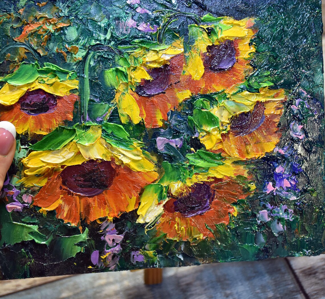 Sunflower Bouquet in Dark Green Garden Framed Style Oil Painting Print - Image 2