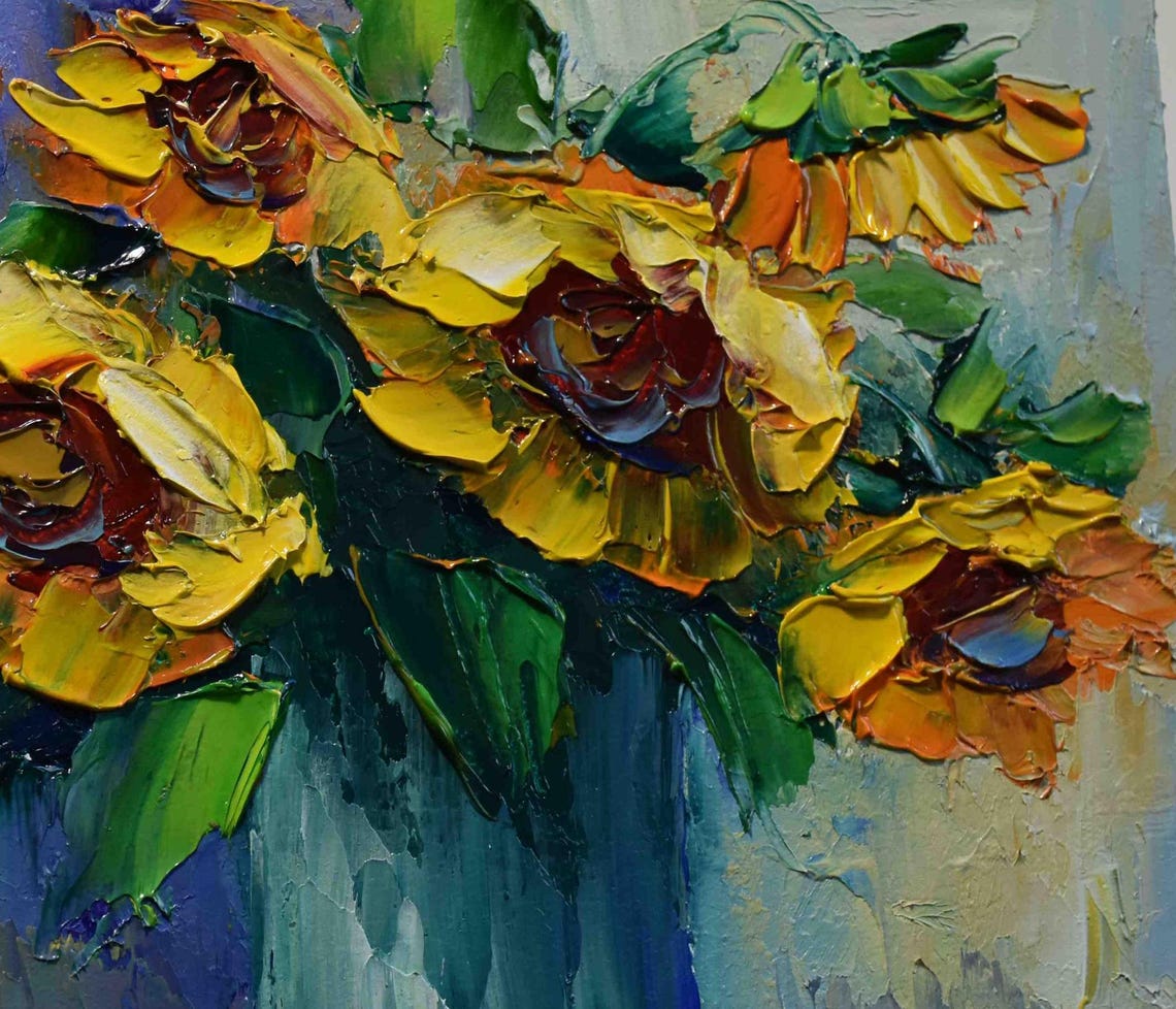 Sunflowers Painting Orange Flowers Floral Artwork Palette Knife Art Small Oil Painting Yellow Flower Art Impasto Painting Wildflowers - Image 4