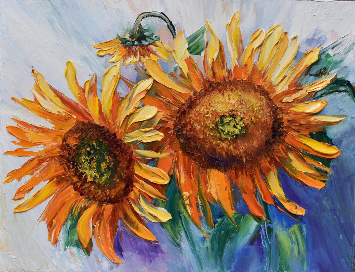 Sunflowers Art Flowers Painting Palette Knife Art Sunflowers Flowers Art Impasto Painting Yellow Flower Art Painting Flower Sunflower Wall