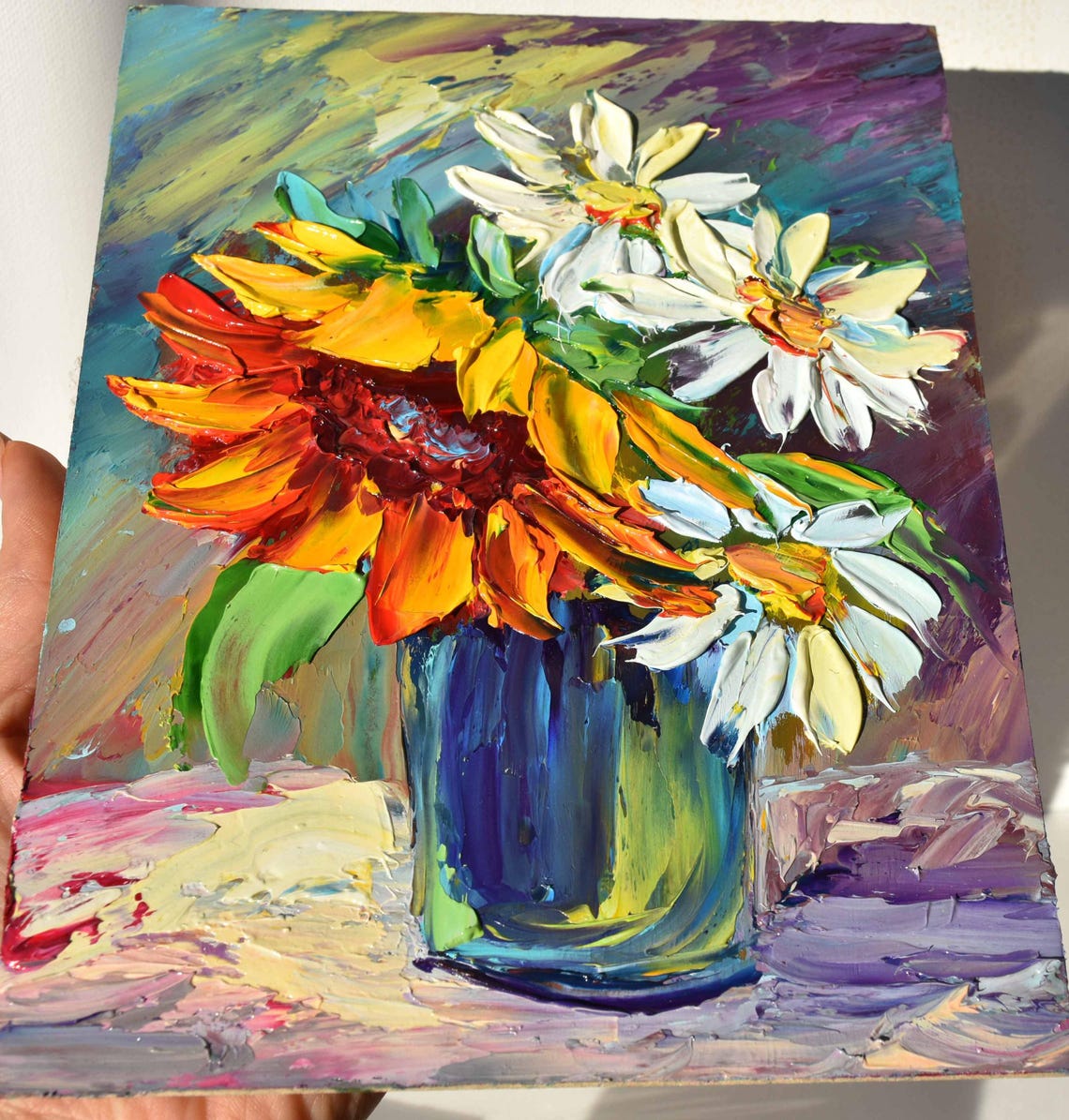 Sunflowers Painting Small Wall Art White Daisies Painting White Flower Art Flowers Painting Sunflowers Art Chamomile Oil Painting Flowers - Image 2