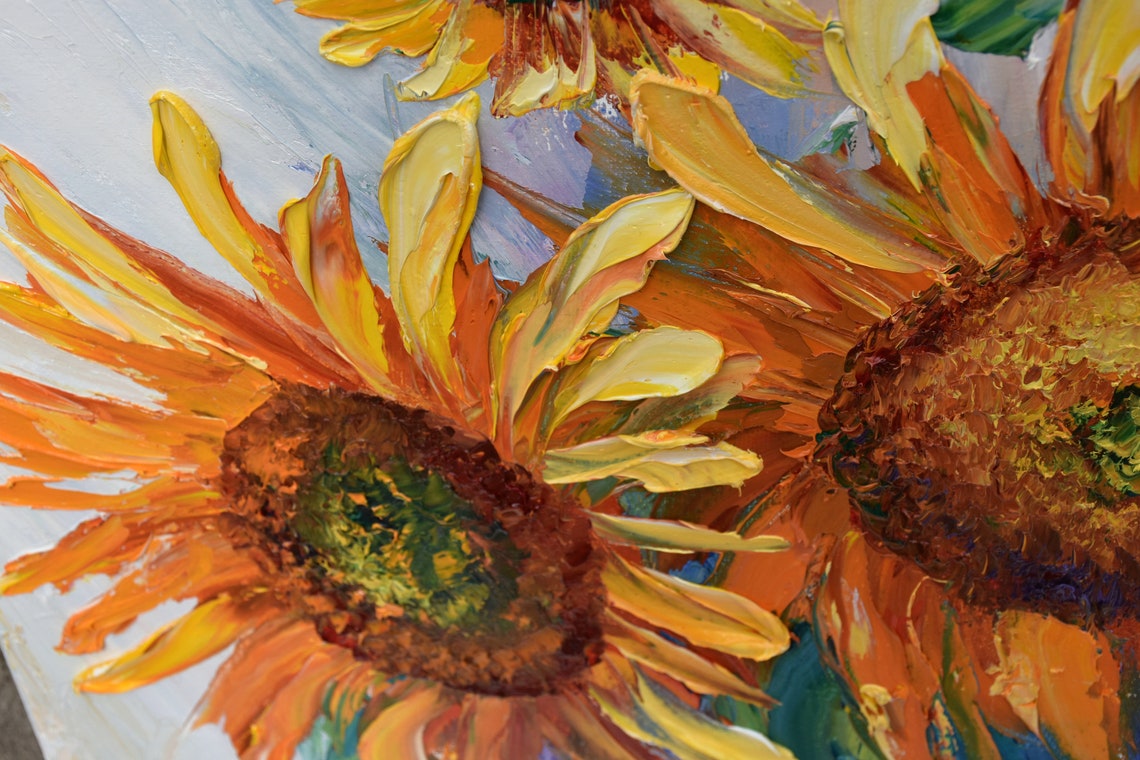 Two Sunflowers Close Up Blooming Yellow Floral Oil Art Poster - Image 3