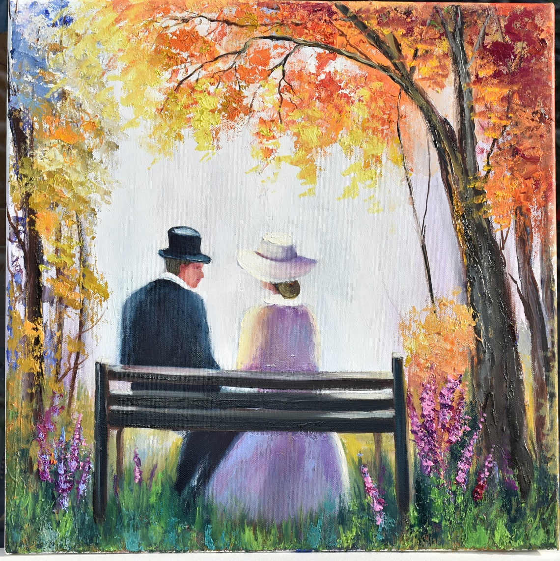 People In Love Art Autumn Painting People Landscape Art Orange Oil Painting Original Landscape Oil Park Painting Impasto Painting Landscape