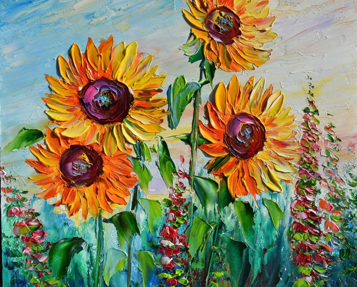 Sunflower Painting Landscape Painting Sunflower Art Purple Wildflowers Art Meadow Flowers Art Yellow Flower Art Flower Oil Painting Floral - Image 5