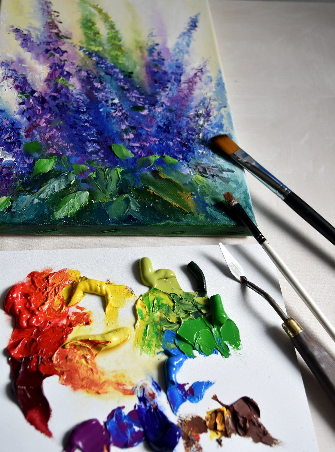 Blue and Purple Flower Spikes Soft Pastel Impasto Oil Painting Print - Image 4