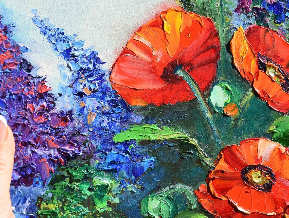 Red Poppies Blue Delphiniums Garden Impasto Oil Painting Floral Poster - Image 3