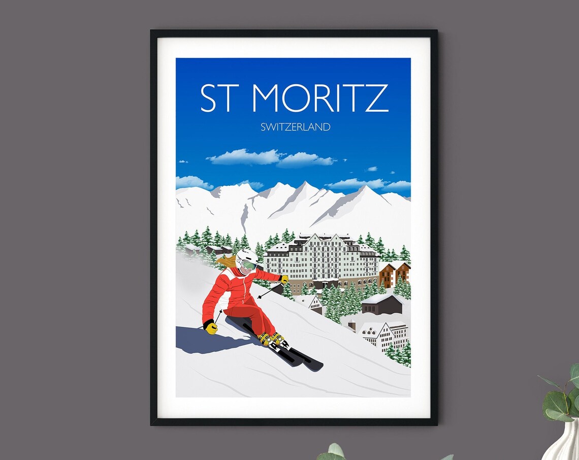 St Moritz Switzerland Skier Alpine Hotel Winter Sports Poster - Image 5