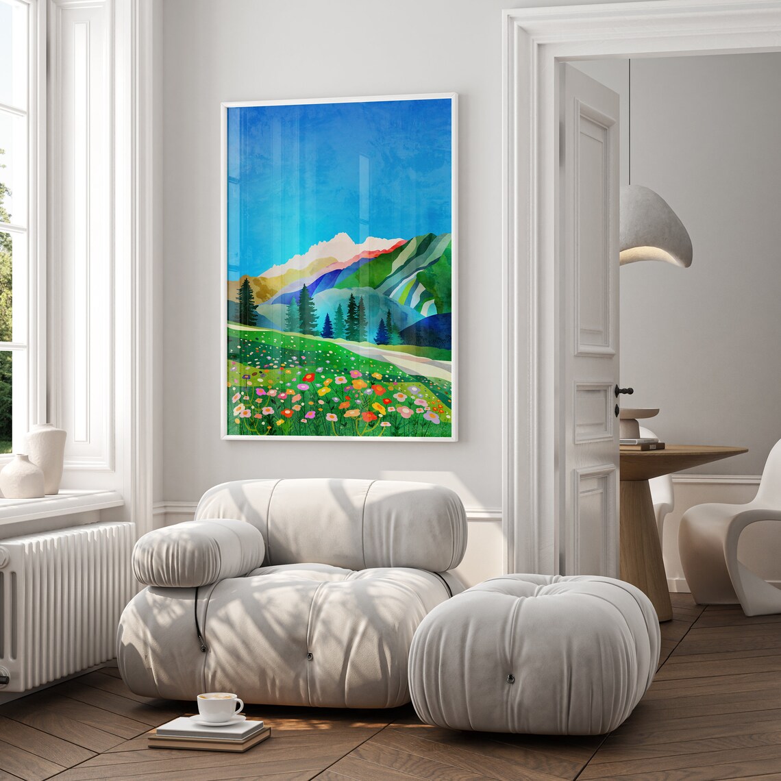 Alpine Wildflower Meadow with Colorful Blooms and Mountains Poster - Image 2