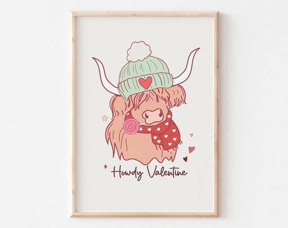 Cute Love Highland Cow Print Trendy Valentines Day Art Western Valentine Png Retro Valentines Sublimation Howdy Valentine Png