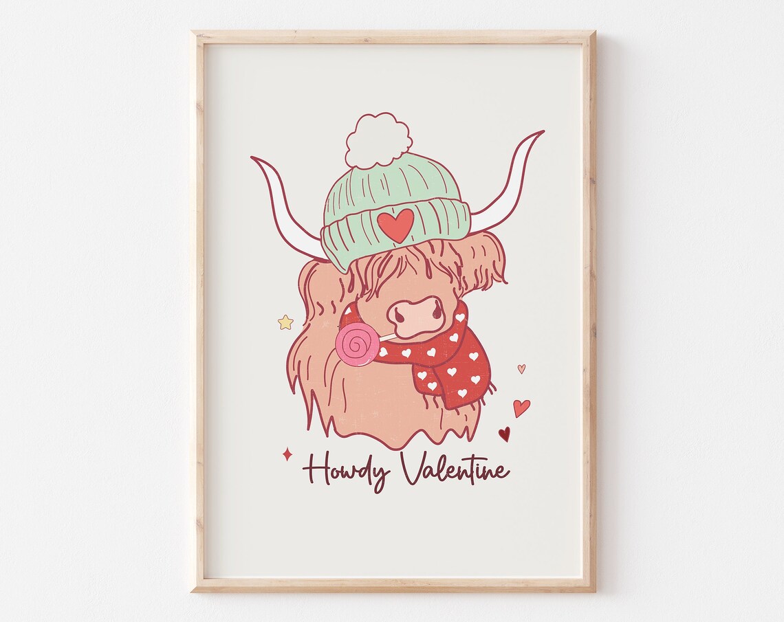 Howdy Valentine Highland Cow With Beanie Scarf Cute Western Art Print