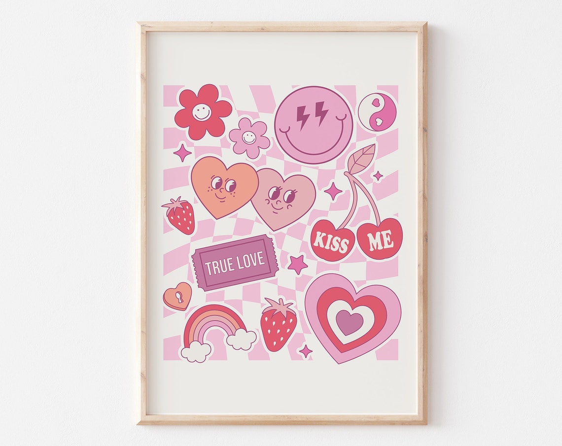 Retro Pink Valentine Sticker Collage With Smiley Hearts Poster