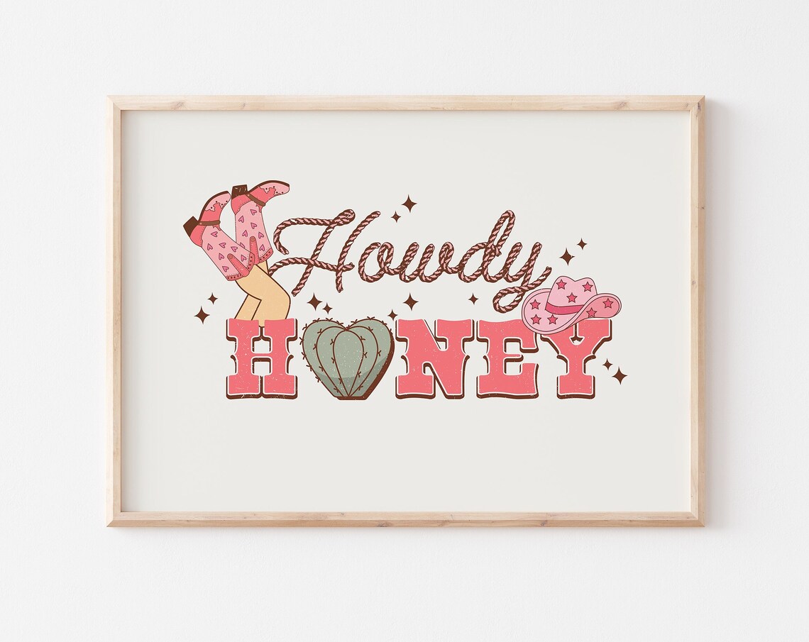 Howdy Honey Rope Script Cactus Heart Western Valentine Art Poster