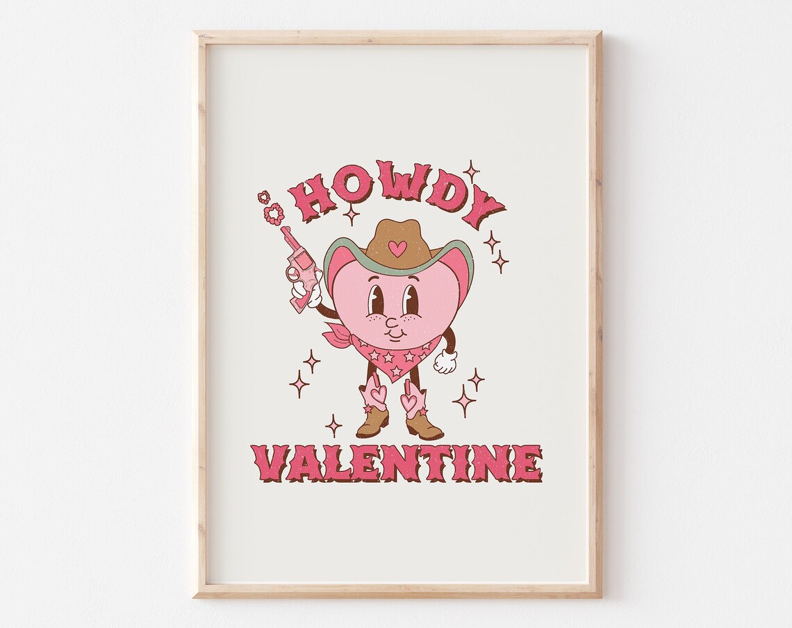 Howdy Valentine Cute Cowboy Heart Character Western Quote Poster