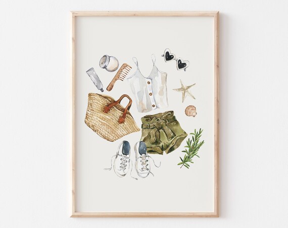 Summer Travel Outfit White Cami Olive Shorts Straw Tote Watercolor Poster
