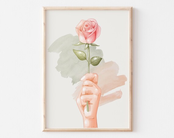 Pink Rose Wall Art Trendy Neutral Valentines Day Art Classic Valentines Watercolor Art Cute Minimailst Valentines Day Decor